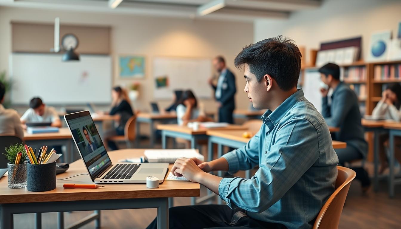 Students studying together in modern classroom